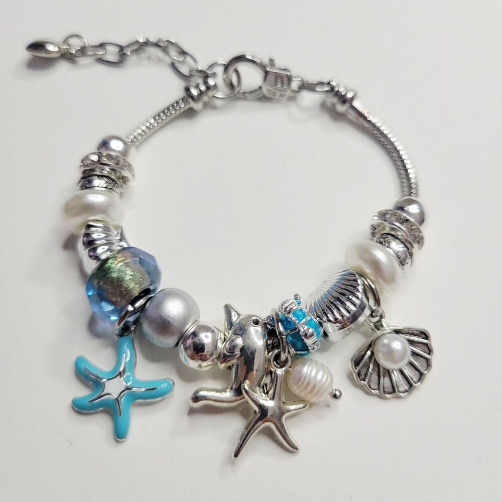 NWT Pandora Style Charm Bracelet Ocean Beach Charms Blue Silver Glass Starfish